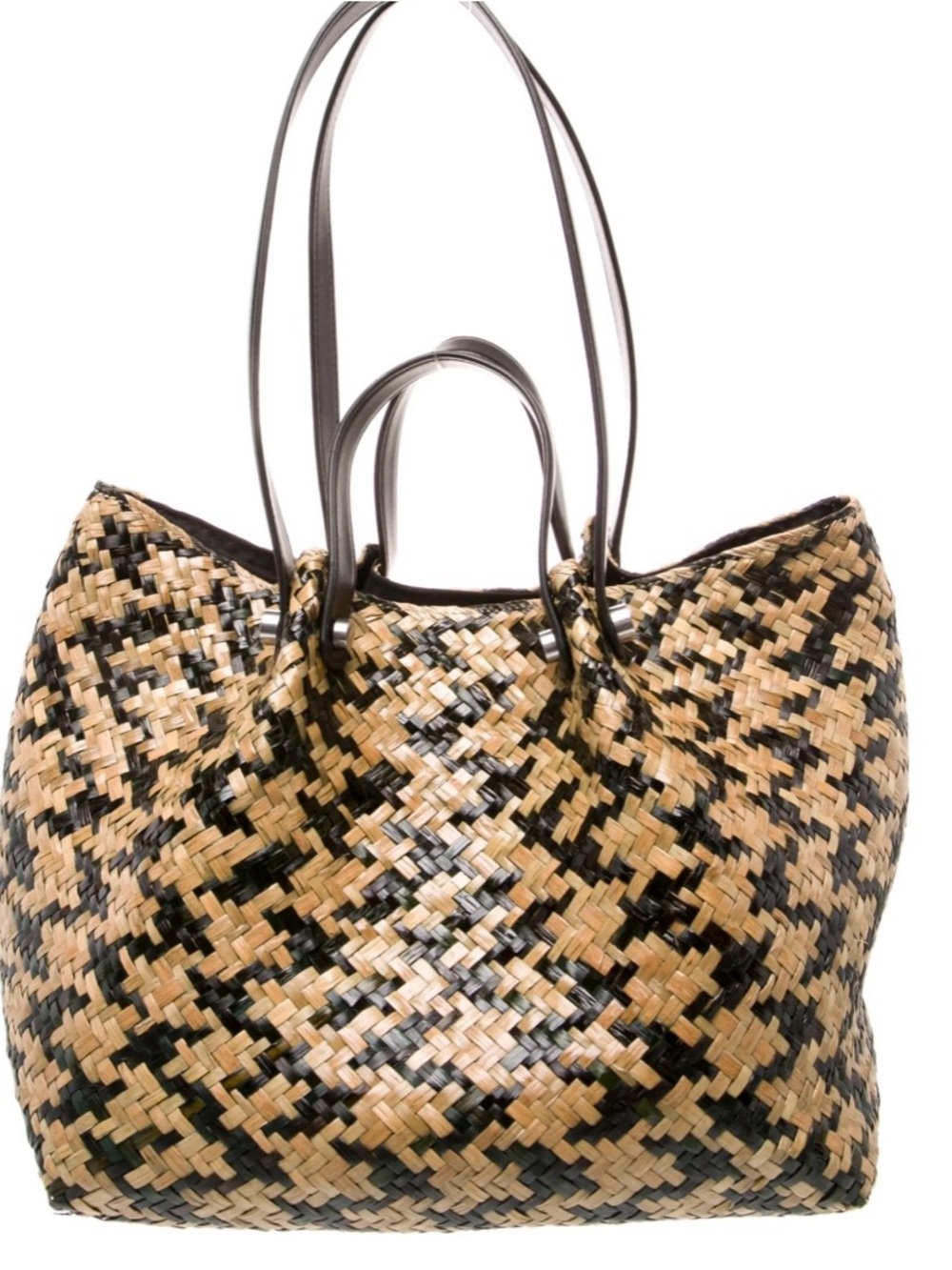 ALL SAINTS Allington Black Nuetral Tan Large Seagrass Straw Woven Tote Bag Purse